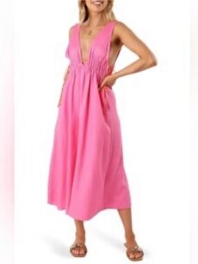 Petal & Pup V-Neck Bright Pink Linen Blend Maxi Summer Dress Side Ties Small